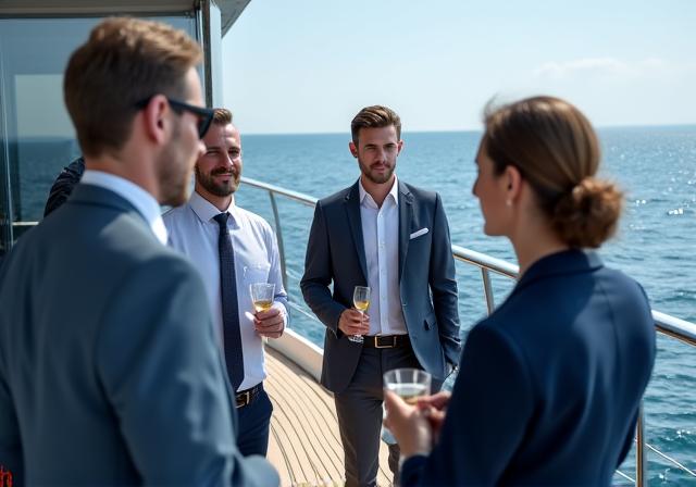 Grupo de profesionales en una reunión informal en la cubierta de un yate.