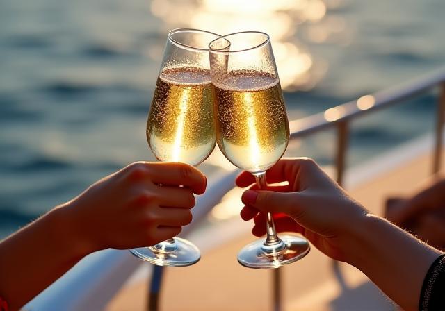Primer plano de un brindis con copas de champán en la proa del yate.