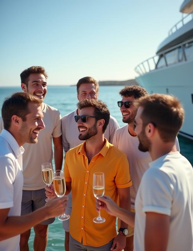 Un grupo de hombres riendo y celebrando en la cubierta de un yate de lujo.