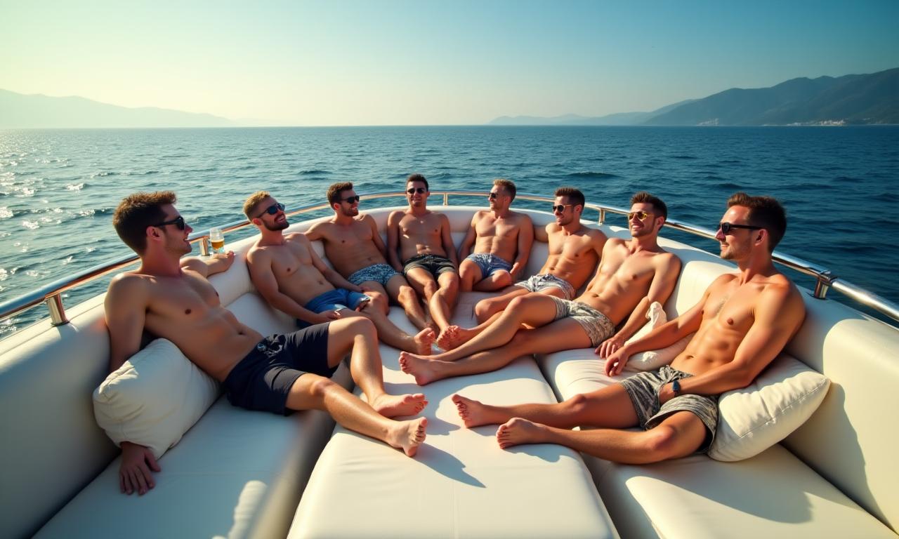 Un grupo de hombres relajándose y tomando el sol en los cojines de la popa.