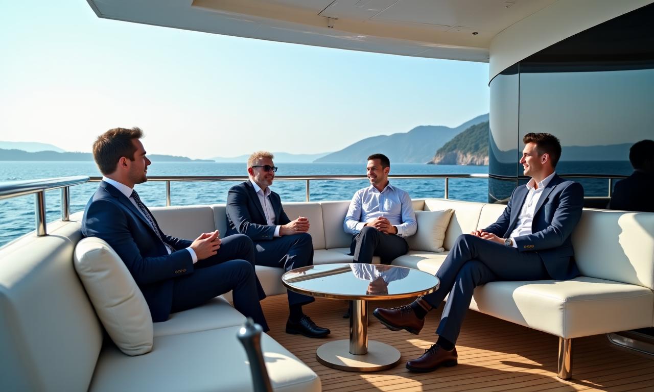 Hombres de negocios manteniendo una reunión relajada en la popa de un yate.