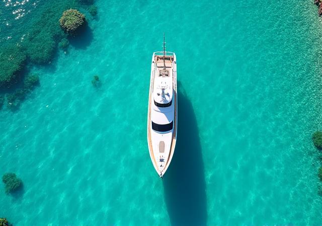 Toma aérea de un yate anclado en aguas cristalinas de color turquesa.