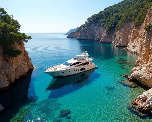 Yate anclado en una cala aislada y tranquila en la Costa del Sol.