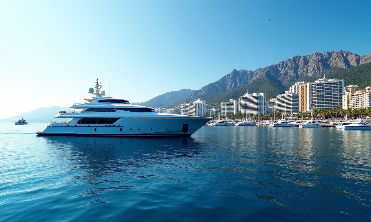 Impresionante vista de un yate de lujo con el famoso Puerto Banús al fondo.