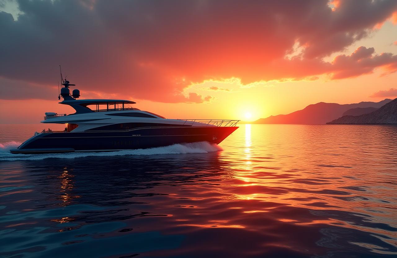 Yate de lujo navegando frente a la costa de Marbella al atardecer